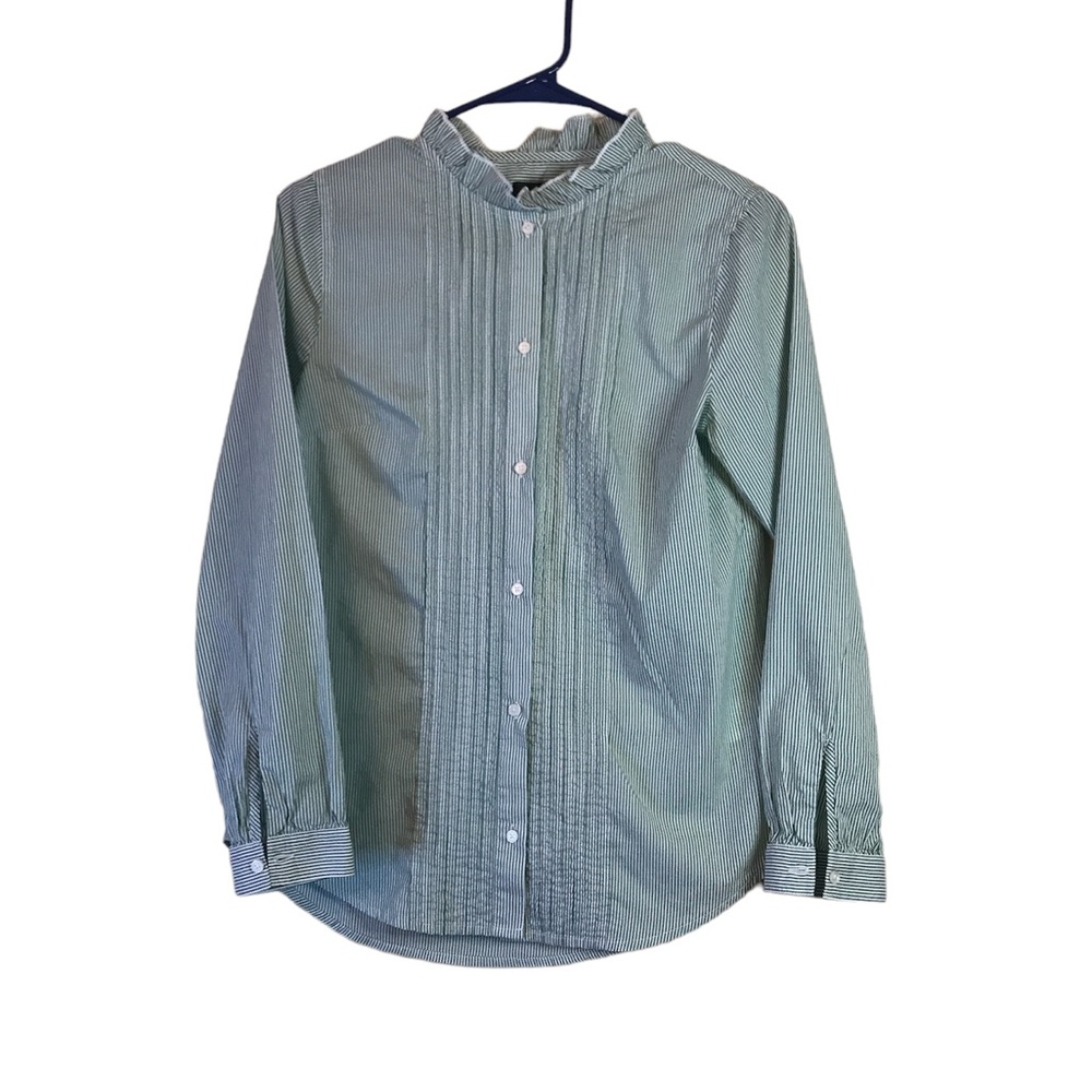J.crew  womens ruffle neck tuxedo shirt in striped cotton poplin